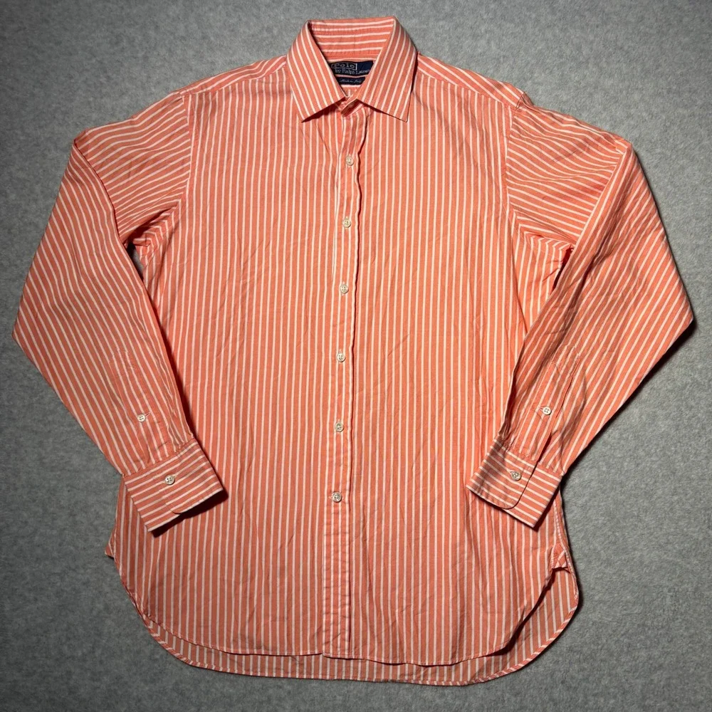 Polo Ralph Lauren Mens Orange White Striped Button Down Shirt Made in Italy 15.5 - Picture 1 of 8
